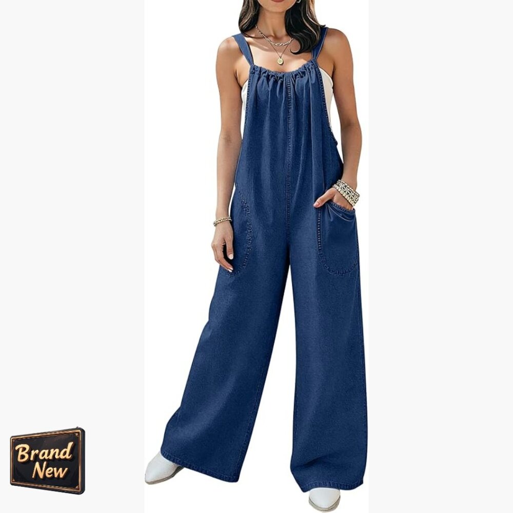 Denim Overalls Wide Leg Adjustable Tie-Back Straps Loose Fit Jumpsuit